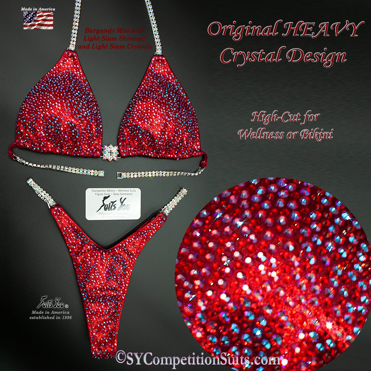 In Stock Competition Bikini, Burgundy Mist Fabric