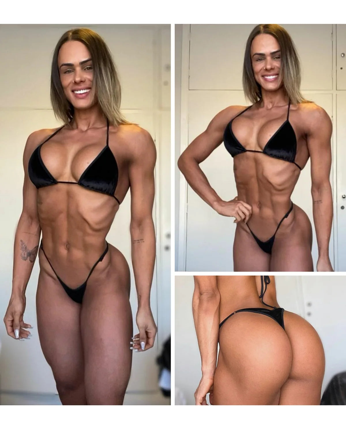 Black Velvet Posing Suit worn by a competitor during posing practice, NPC and IFBB compliant