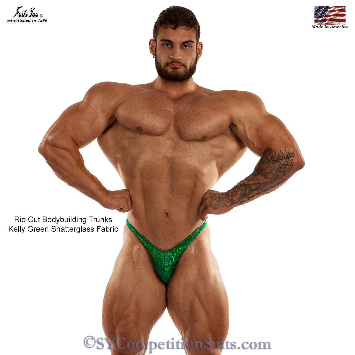 Kelly green shatterglass hologram bodybuilding trunks, Rio cut with gather, vivid color aggressive stage shine