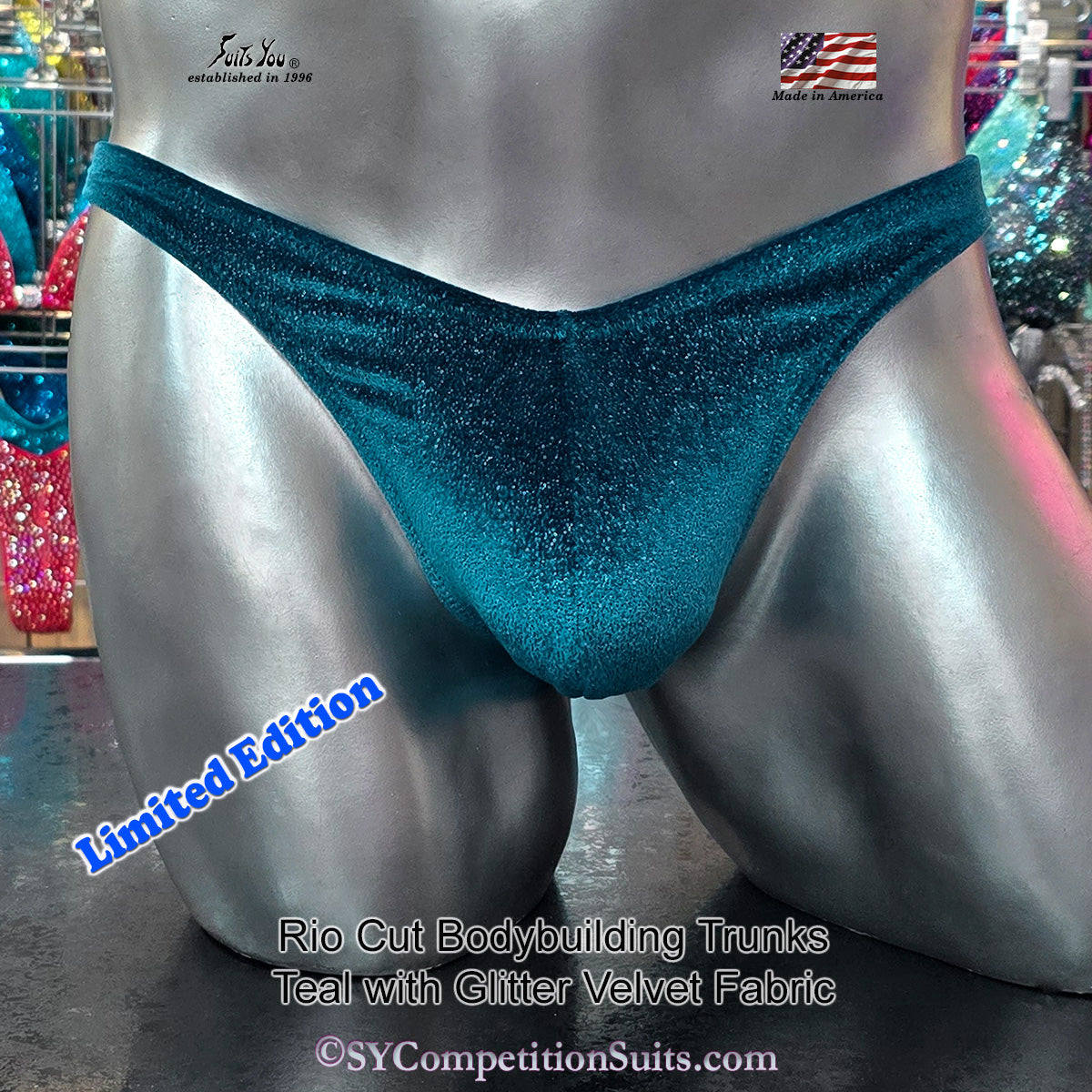 Velvet bodybuilding trunks in teal with glitter, Rio cut with gather. Manufactured in Clearwater Florida.