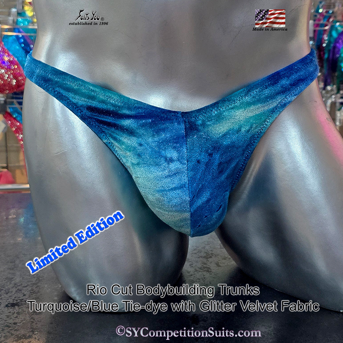 Velvet bodybuilding trunks in turquoise tie-dye with glitter, Rio cut with gather back, premium velvet manufactured in Clearwater Florida