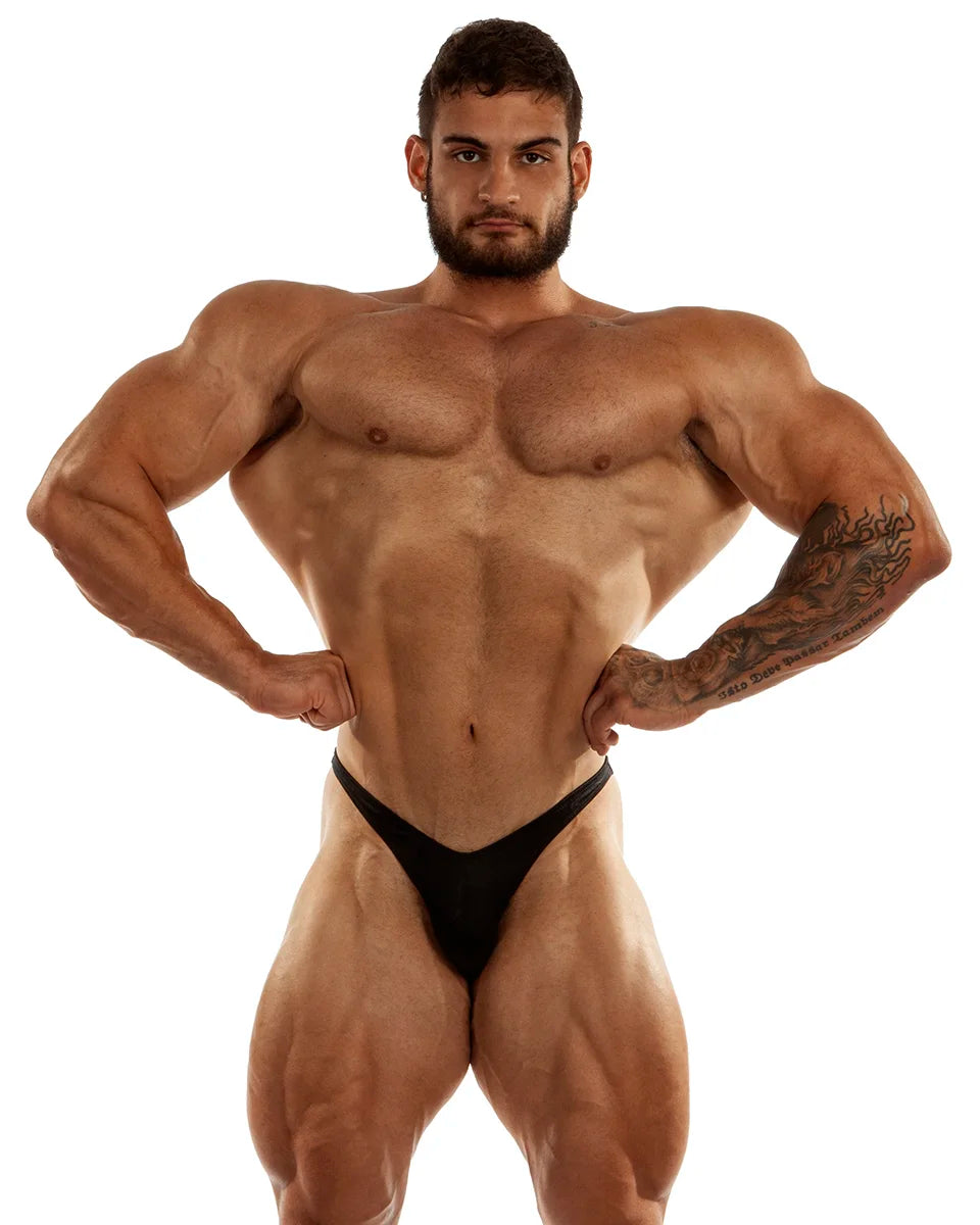 Bodybuilding Trunks in matte black lycra, Rio cut with gather back, NPC and IFBB stage-legal men's posing trunks