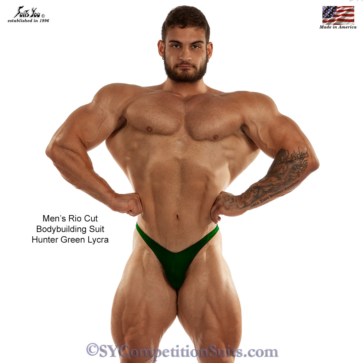 Hunter green matte lycra bodybuilding posing trunks, traditional no-shine finish, Rio cut with gather