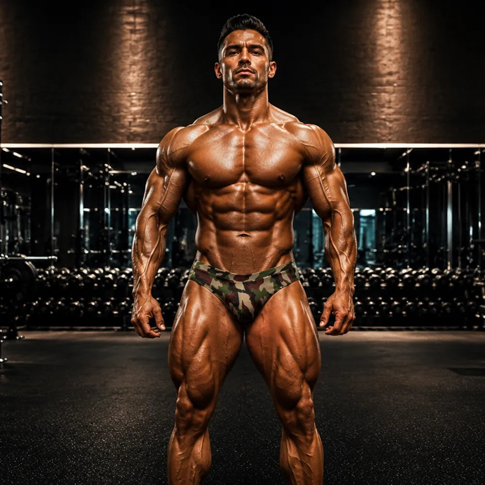 Camo classic physique posing trunks in PRO cut, front view, woodland camo print in olive green, dark brown, tan, and black