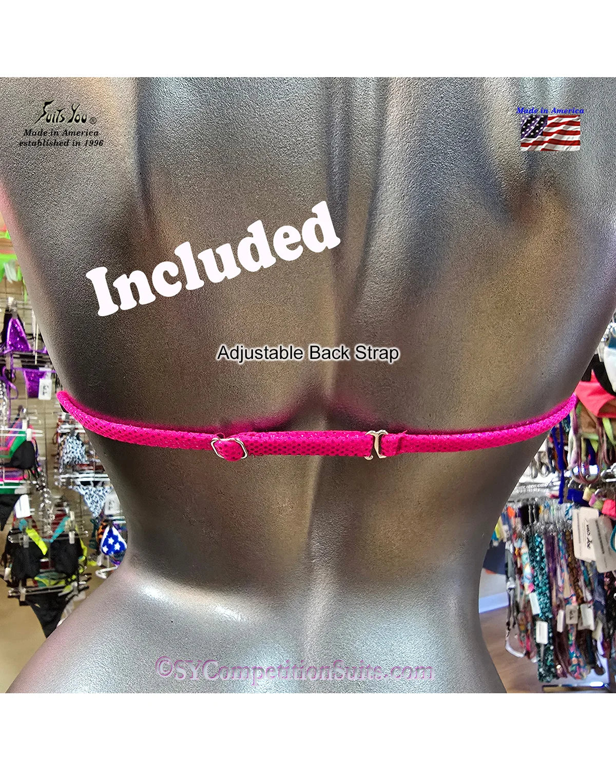 Adjustable slider back strap detail on Fit Model competition bikini top.