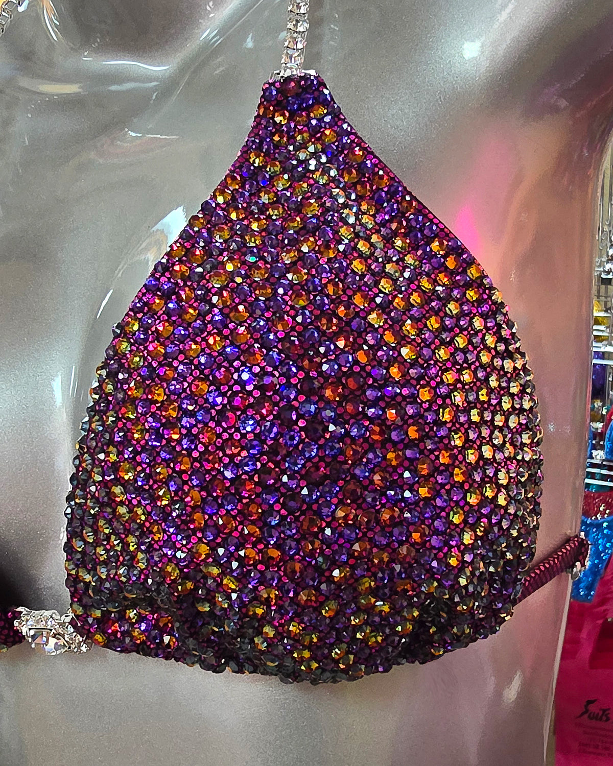 In-Stock Competition Suit. Volcano Crystal Design, close up view. Exclusively Created with Swarovski® Crystals. Manufactured in Clearwater Florida USA