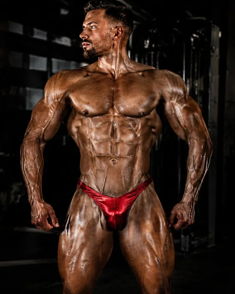 Burgundy mist hologram bodybuilding trunks, Rio cut with gather back, subtle diffused shine, made in Clearwater Florida