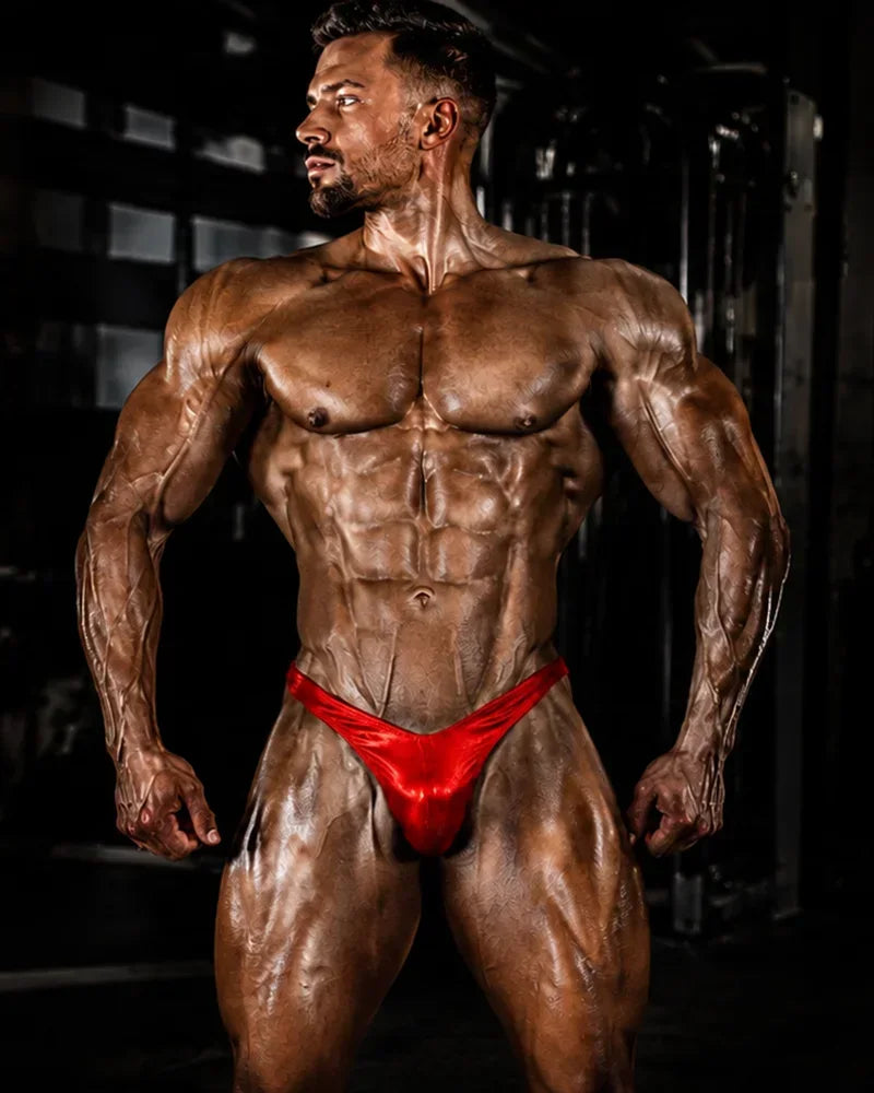 Red mist hologram bodybuilding posing trunks, Rio cut with gather, refined shine for NPC and IFBB stage