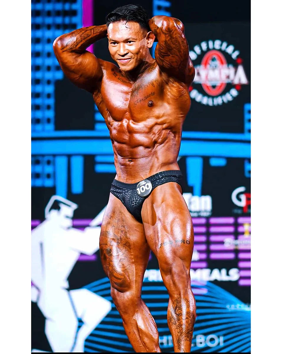 Limited Edition PRO Cut Classic Physique Trunks in premium hologram, as worn by IFBB Classic Physique Pro Julian Quimson, NPC and IFBB stage-legal