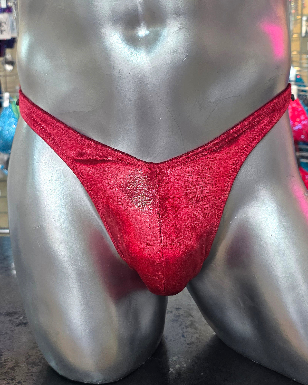 Pro-Cut Bodybuilding Trunks, Burgundy Foil Fabric, close up. Made in America!