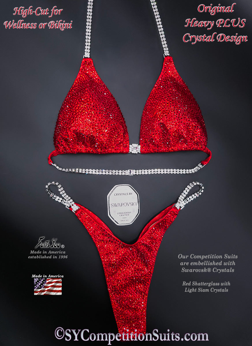 Red Shatterglass Competition Bikini with Light Siam Swarovski Crystals - Front View