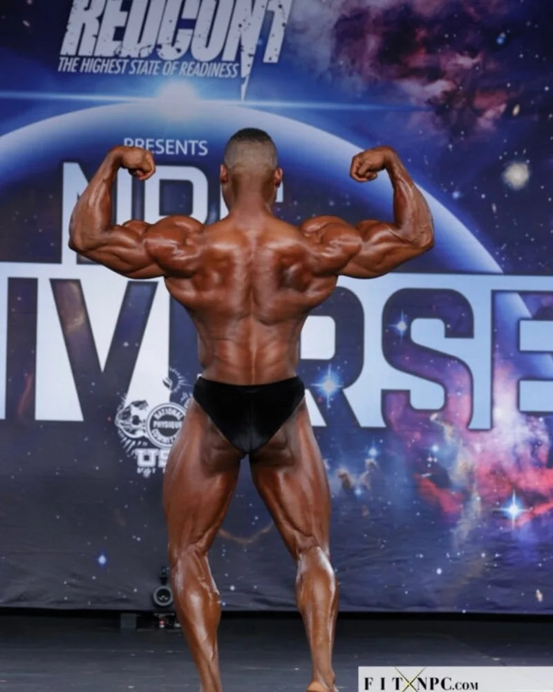 Velvet Classic Physique trunks, customer photo, back pose.