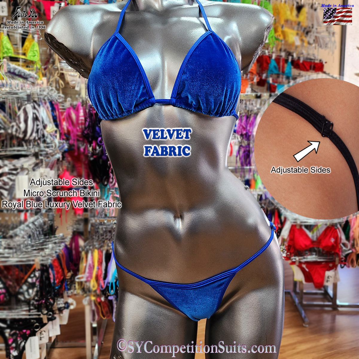 Royal Blue Velvet Posing Suit – alternate view, NPC & IFBB posing suit manufactured in Clearwater, Florida by SY Competition Suits