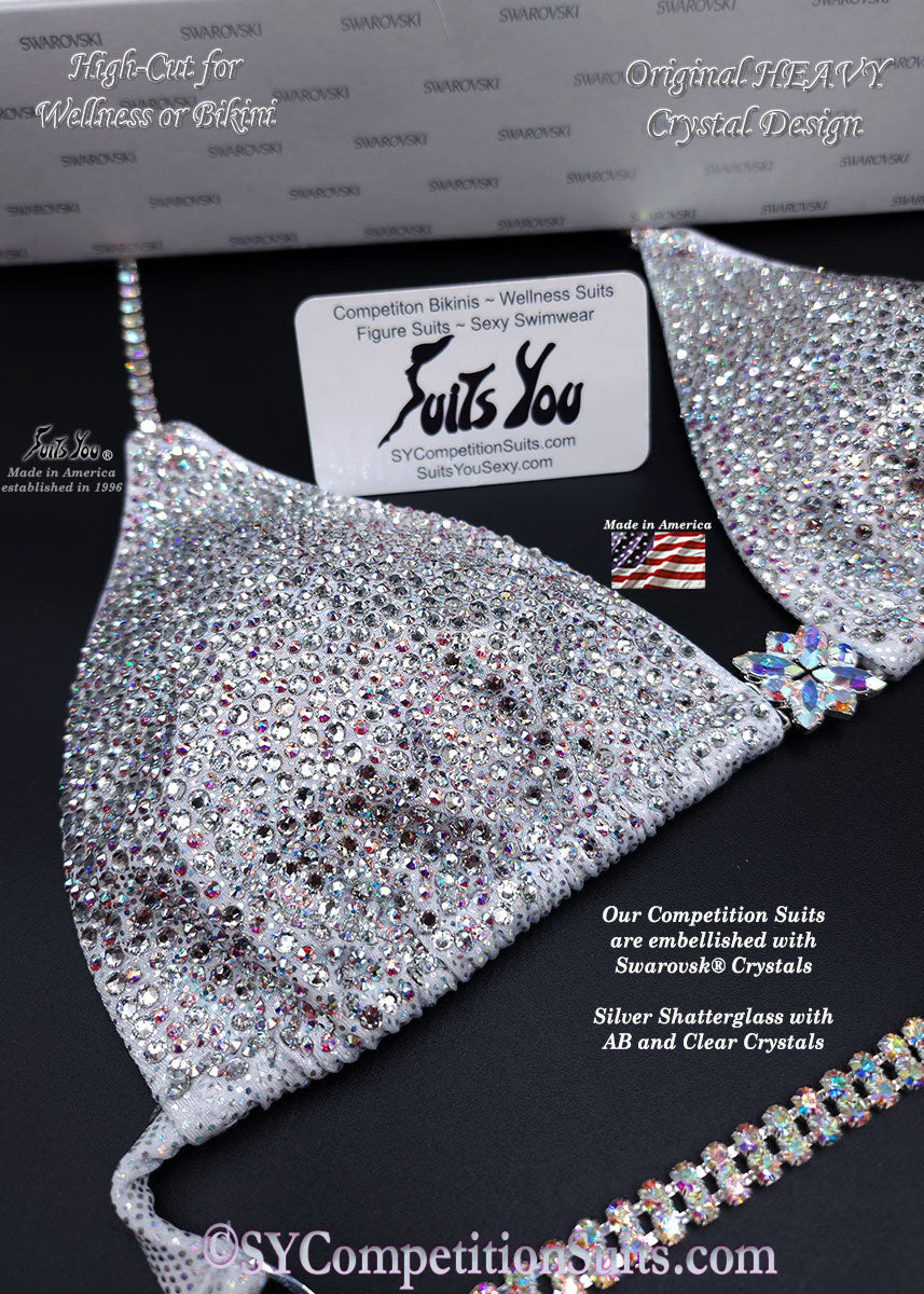 White Wellness Suit or High Cut Bikini, Original HEAVY Color Crystal, competition, bikini competition