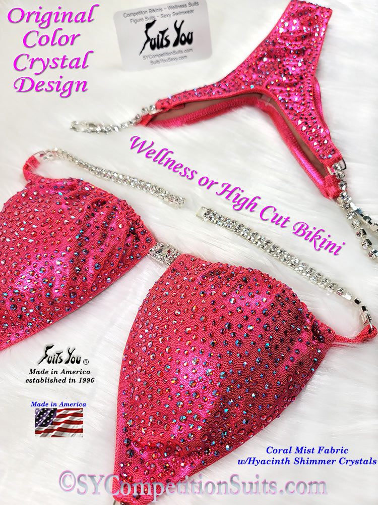 In-Stock Wellness Competition Suit, Coral fabric with Hyacinth Shimmer Crystals