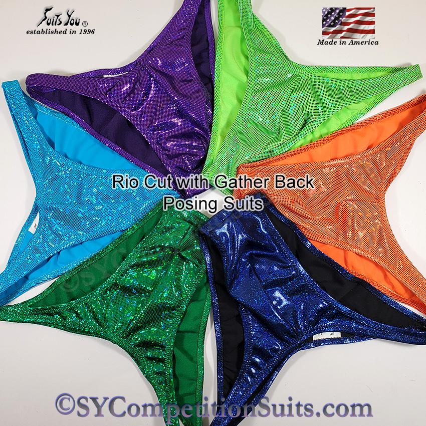 Bodybuilding trunks Rio cut with gather back, hologram fabric range for NPC and IFBB open bodybuilding and 212