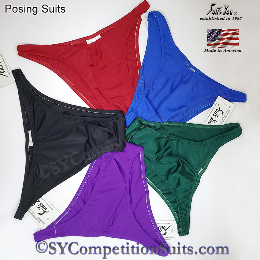 Men's bodybuilding trunks color range, Rio cut with gather back, available in black, navy, royal blue, hunter green, purple, red, turquoise, burgundy