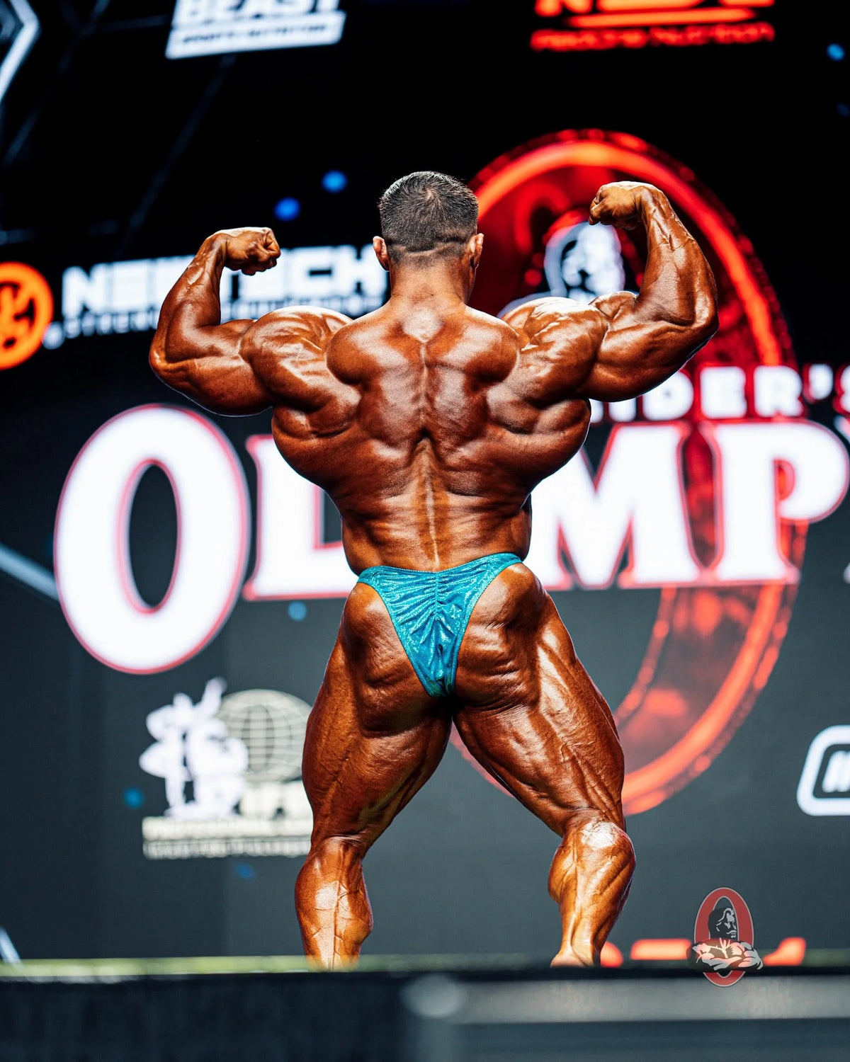 Custom Bodybuilding Trunks, Derek Lunsford, back pose, 2026 Olympia. Made in America.