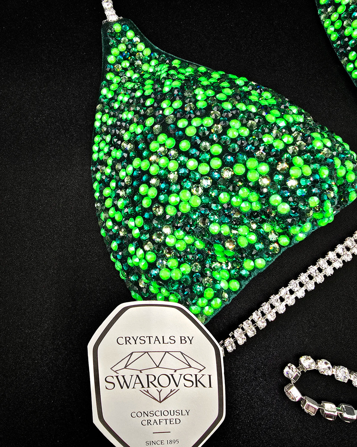 Close-up of Maureen Blanquisco’s 2026 Olympia bikini top, covered in genuine Swarovski crystals in several shades of green