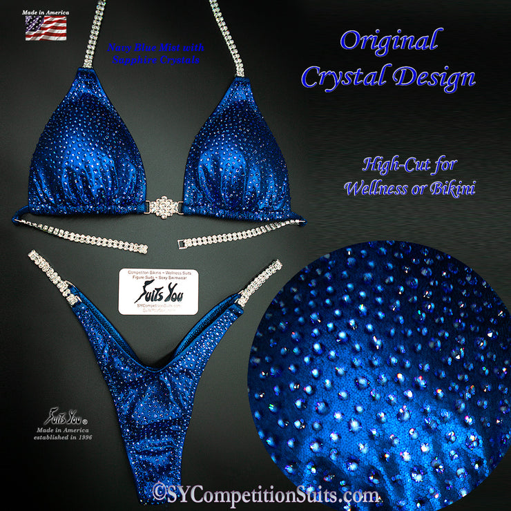 In Stock High Cut Competition Bikini, Navy with Sapphire Crystals