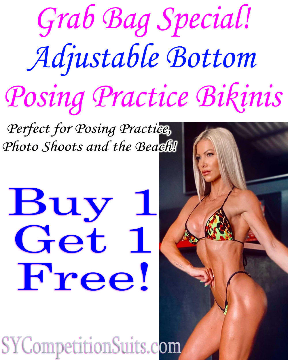 Promotional image of adjustable bottom posing practice bikinis with a model wearing them.