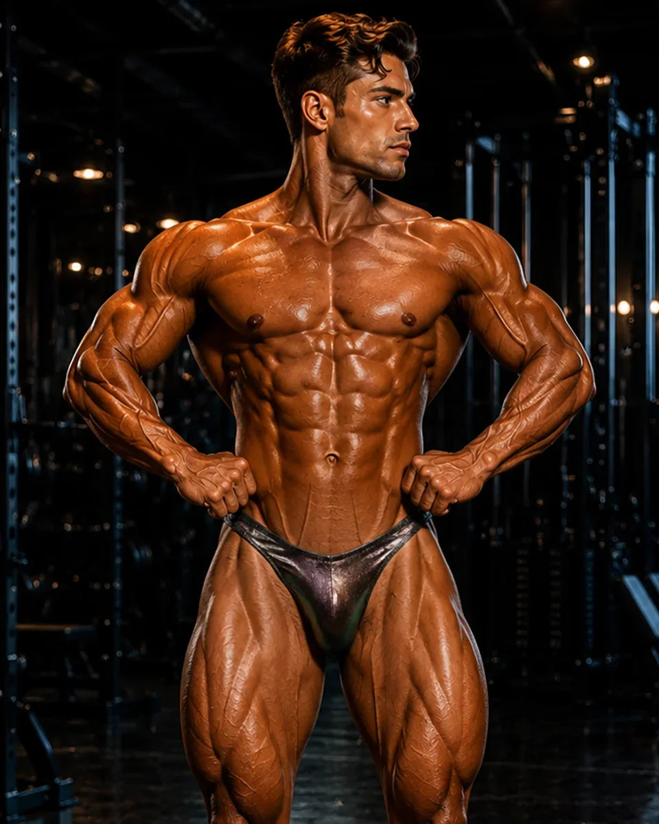 Black Pearl mist hologram bodybuilding trunks, Rio cut with gather back, made in Clearwater Florida