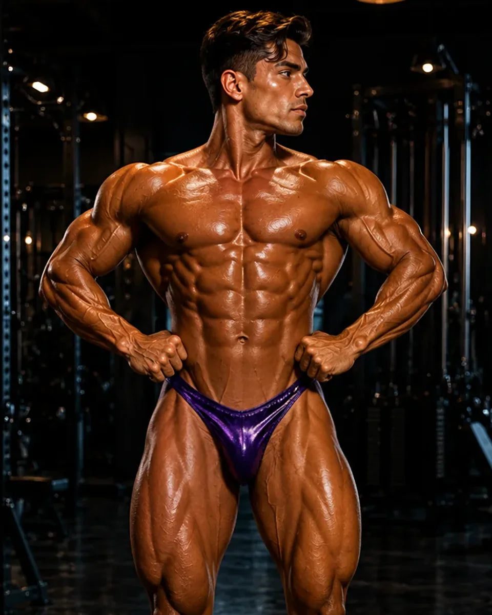 Eggplant mist hologram bodybuilding trunks, Rio cut with gather back, made in Clearwater Florida