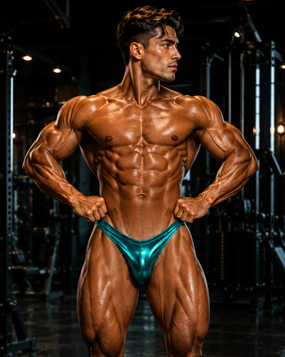 Emerald mist hologram bodybuilding posing trunks, Rio cut with gather, refined shine for NPC and IFBB stage. Made in America