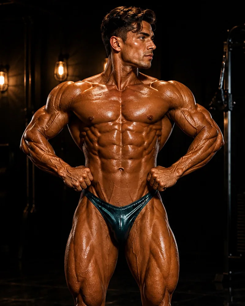 Forest Green mist hologram bodybuilding trunks, Rio cut with gather back, made in America.