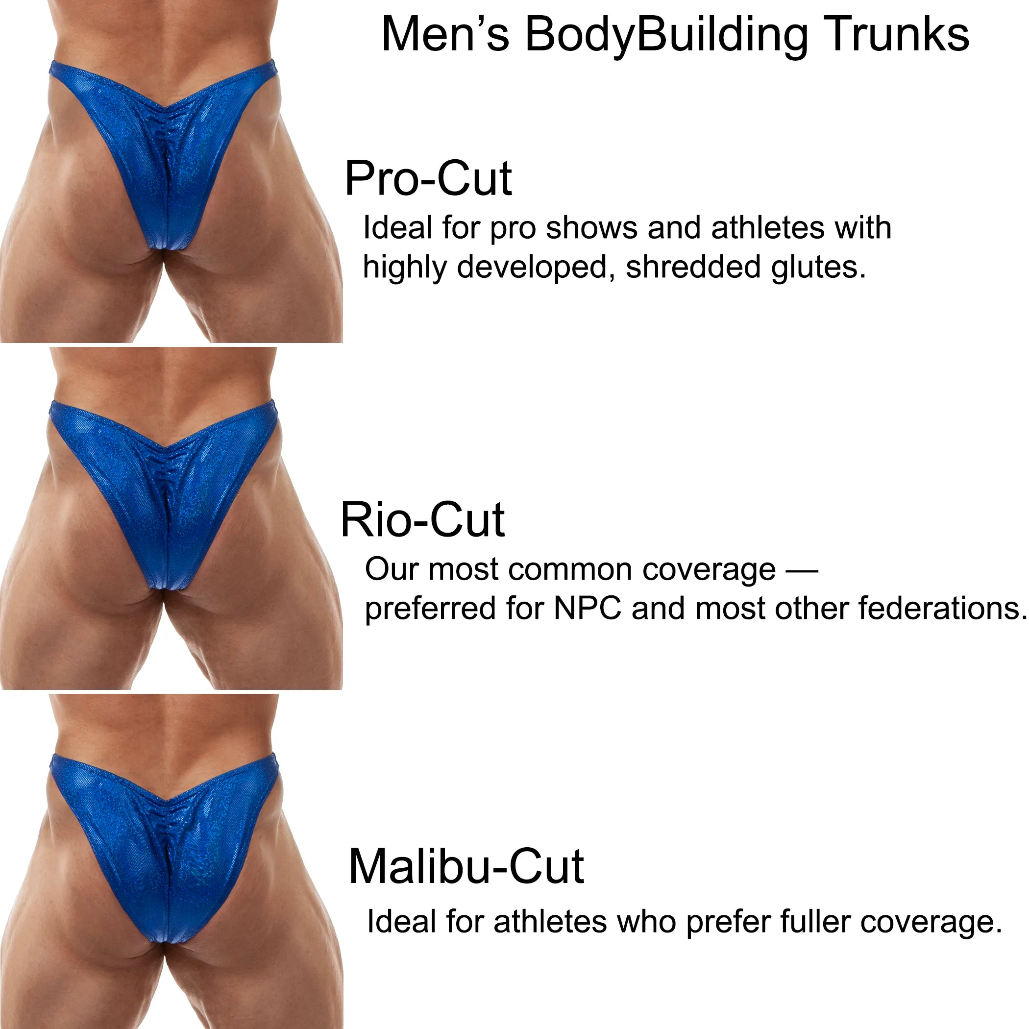 Bodybuilding Trunks style chart. Pro-Rio-Cut and Malibu-Cut. Custom Made in America!