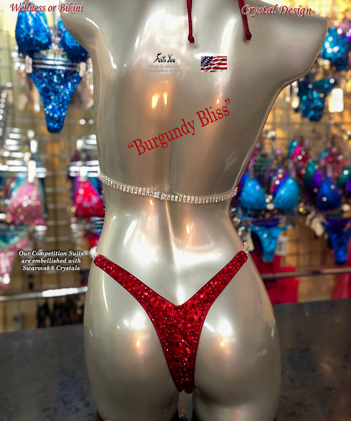 In Stock Competition Suit. Burgundy Bliss Crystal Design.