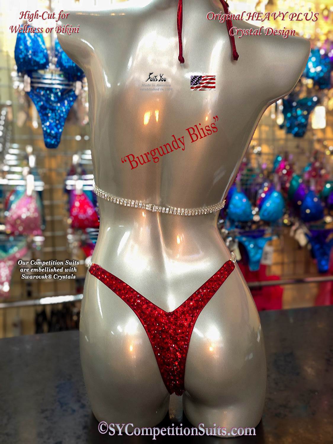 In Stock Competition Suit. Burgundy Bliss Crystal Design.