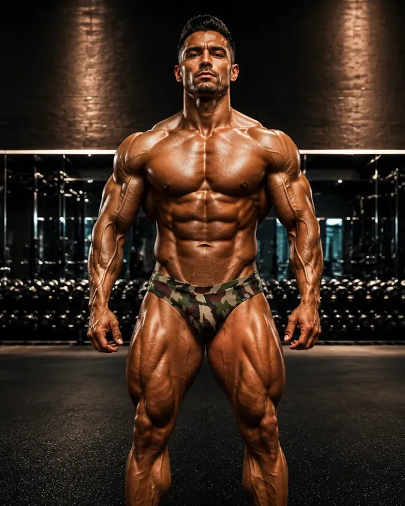 Camo classic physique posing trunks in PRO cut, front view, woodland camo print in olive green, dark brown, tan, and black