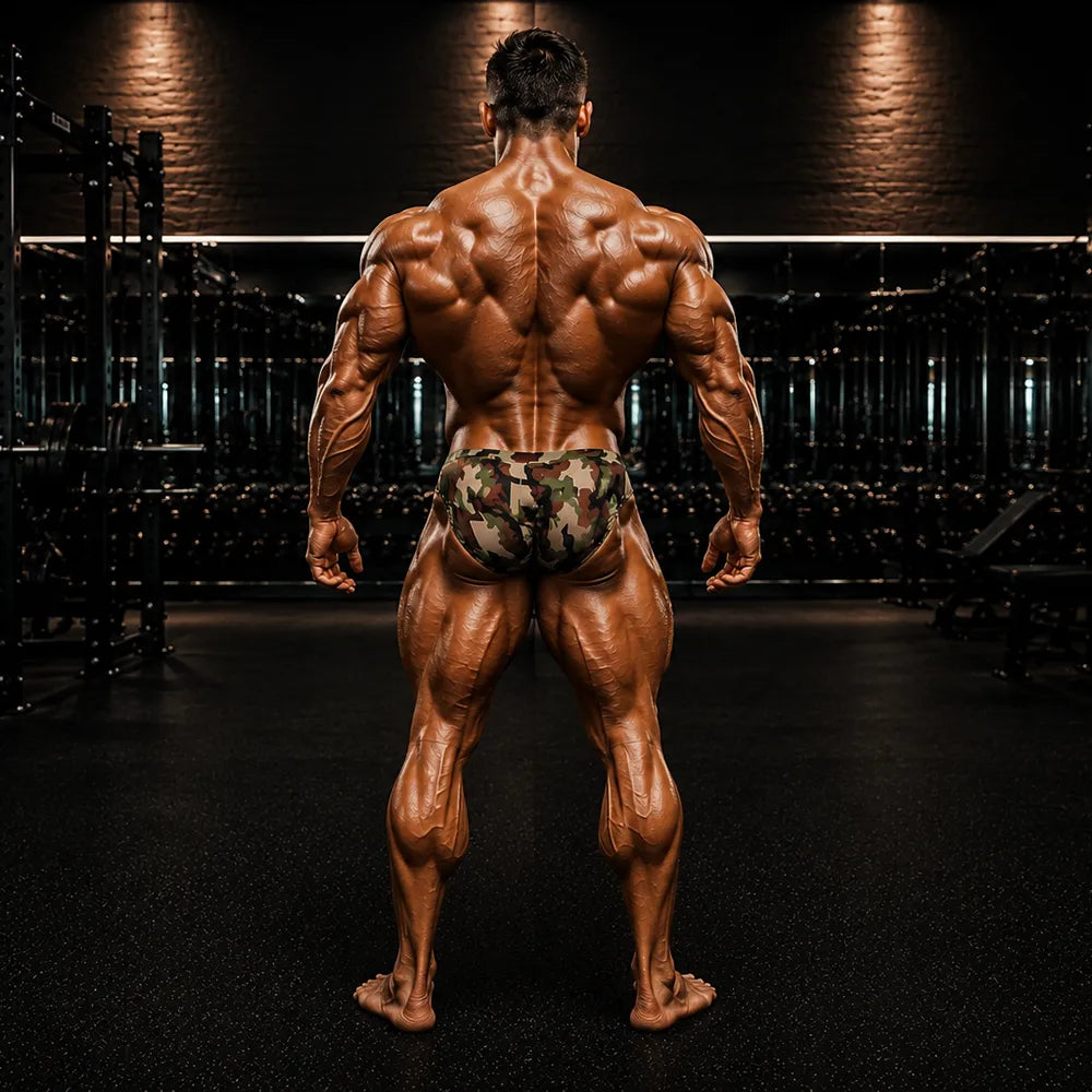 Camo classic physique trunks side view showing PRO cut narrow side seam and higher leg opening