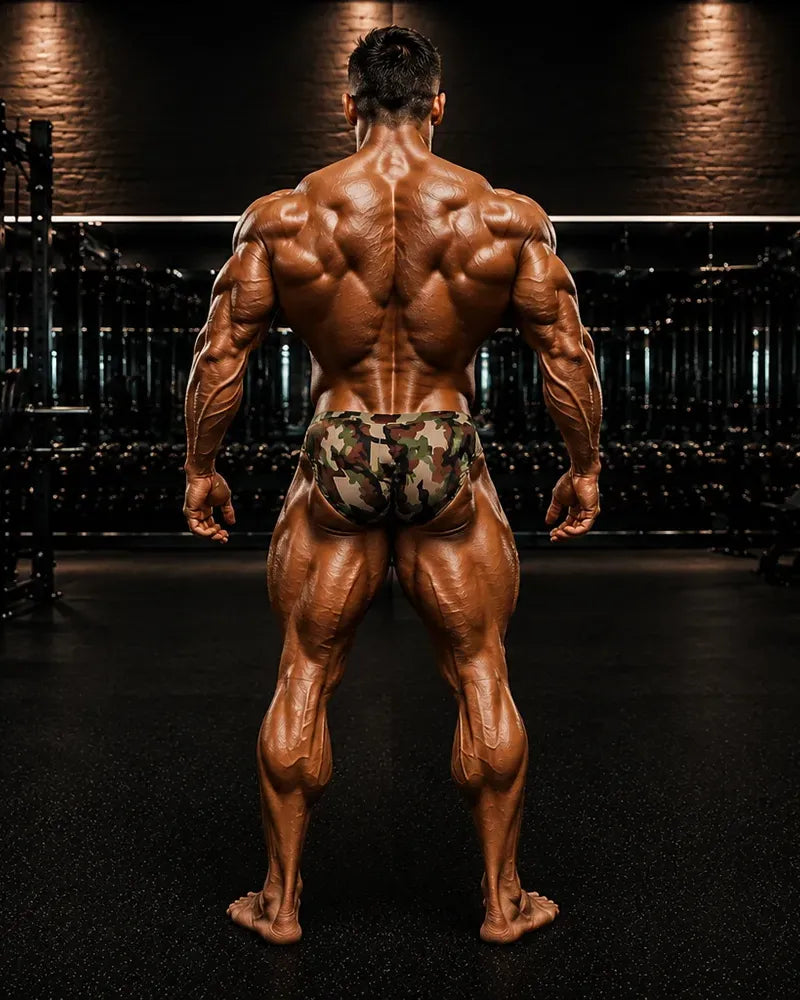 Camo classic physique trunks side view showing PRO cut narrow side seam and higher leg opening