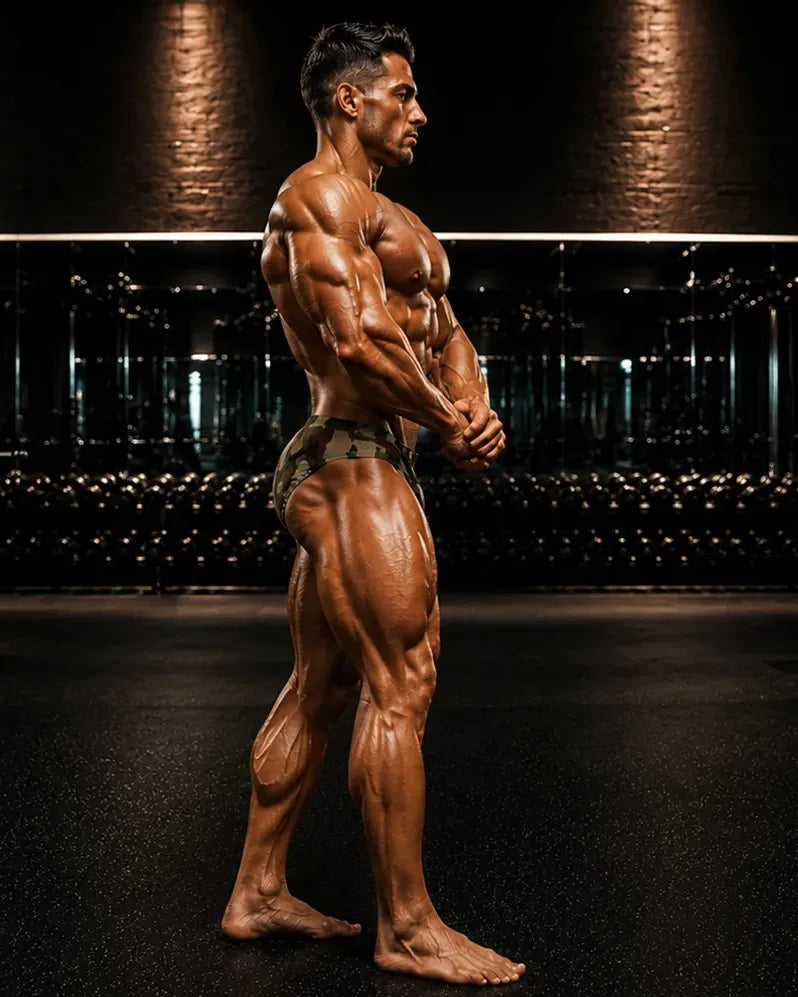 Camo classic physique trunks back view, woodland camo pattern, made in Clearwater Florida