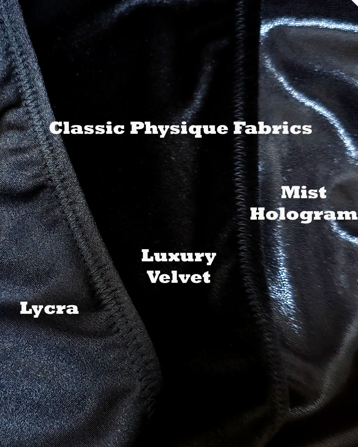 Classic Physique Suit Colors. Lycra, Velvet and Hologram. Made in America.