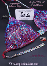 In Stock Crystal Competition Suit, Red Blue Mist with Fuchsia Shimmer Crystals
