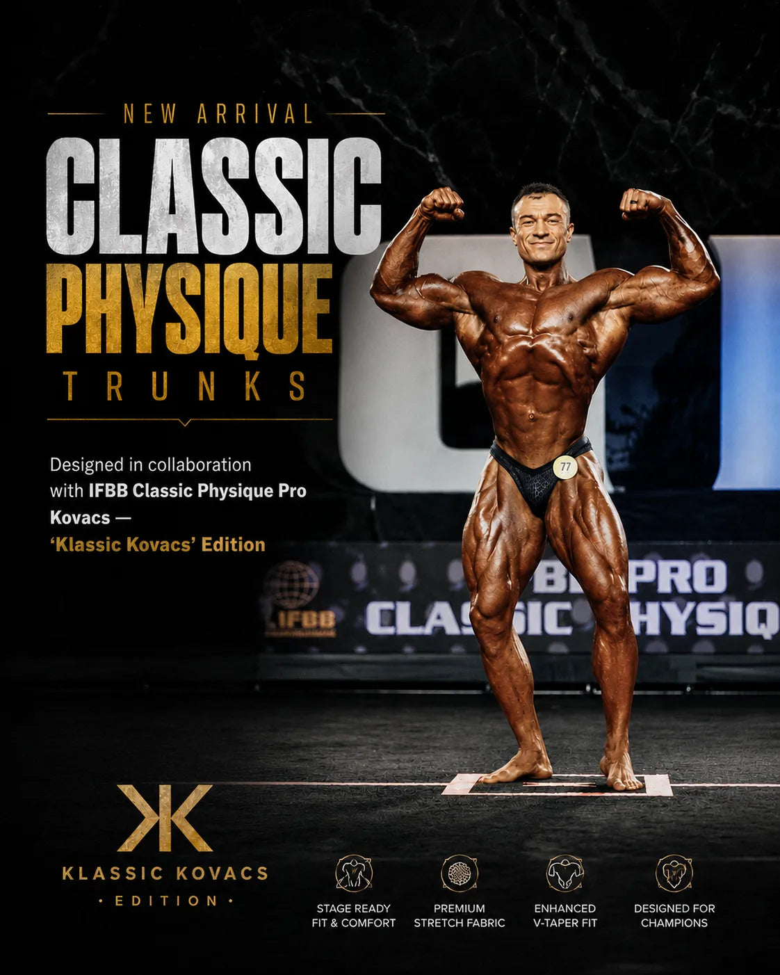 NEW ARRIVAL Custom PRO Cut classic physique trunks, Klassic Kovacs Edition, front view showing the narrow side seam and high leg opening of our most aggressive classic physique cut