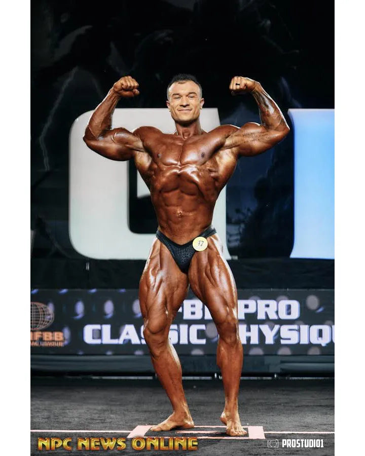 Custom PRO Cut classic physique trunks, Klassic Kovacs Edition, front view showing the narrow side seam and high leg opening of our most aggressive classic physique cut