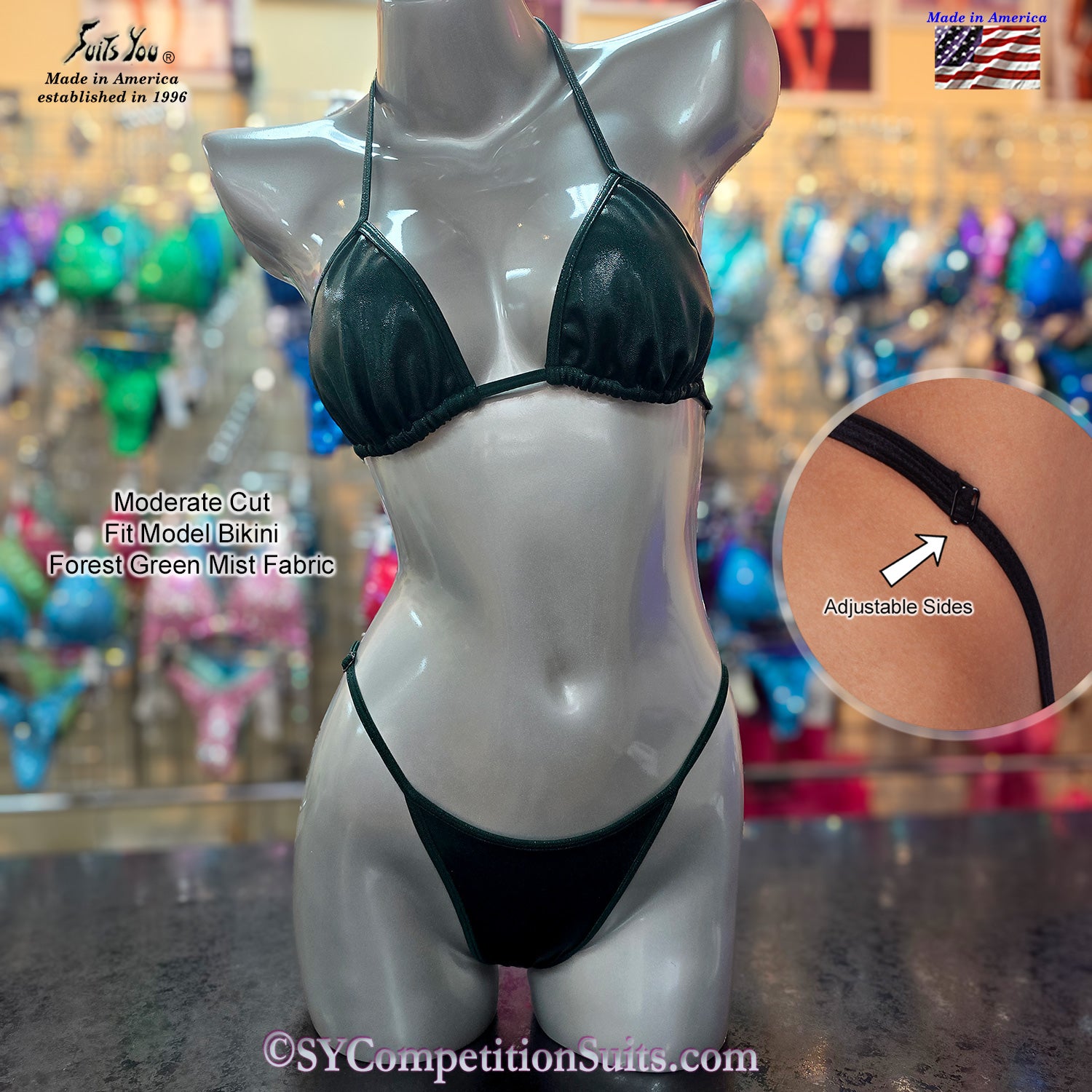 Quick Ship Moderate Cut Fit Model Bikini, forest green mist fabric. NPC compliant balanced coverage.