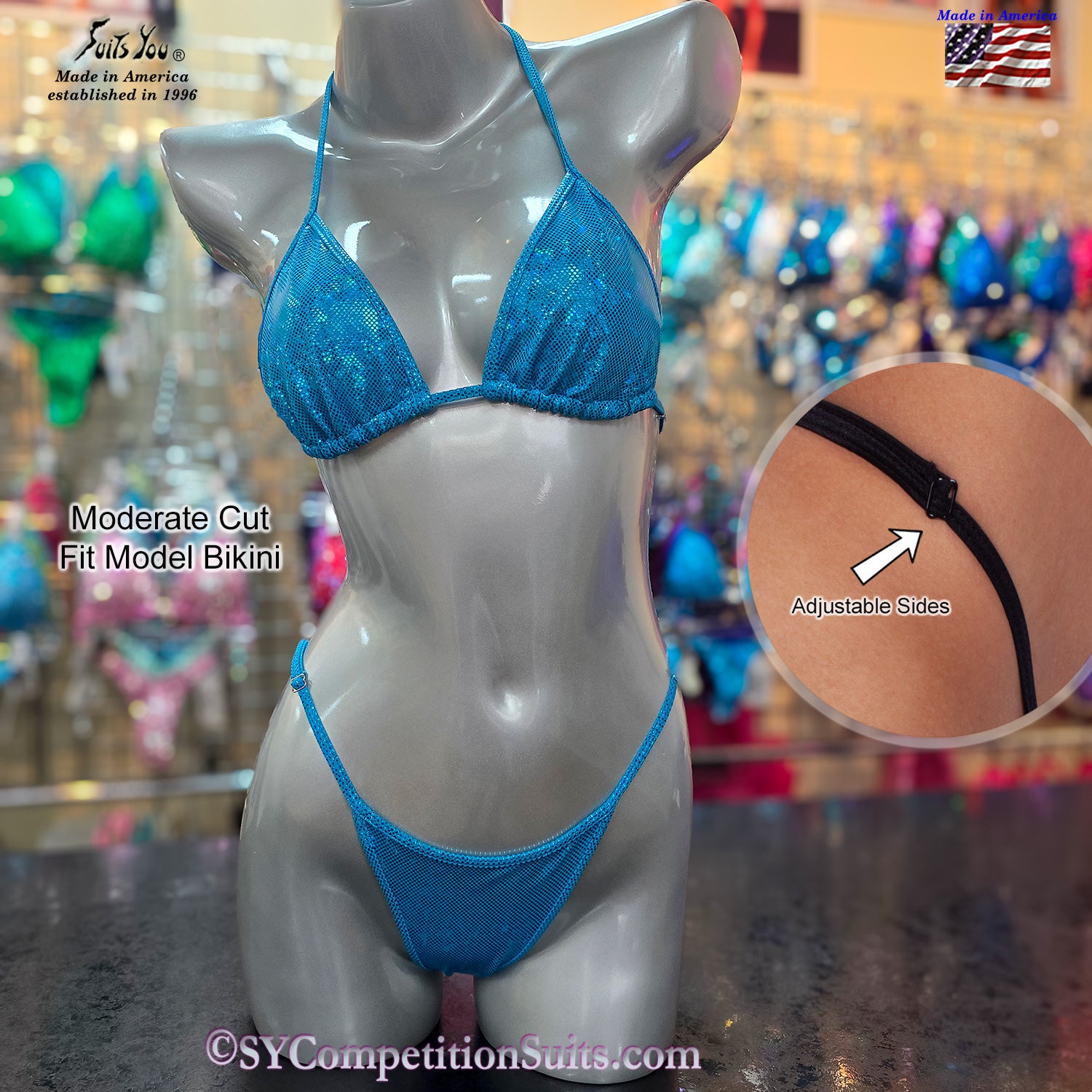 Quick Ship Moderate Cut Fit Model Bikini, Hologram fabric. NPC compliant balanced coverage.