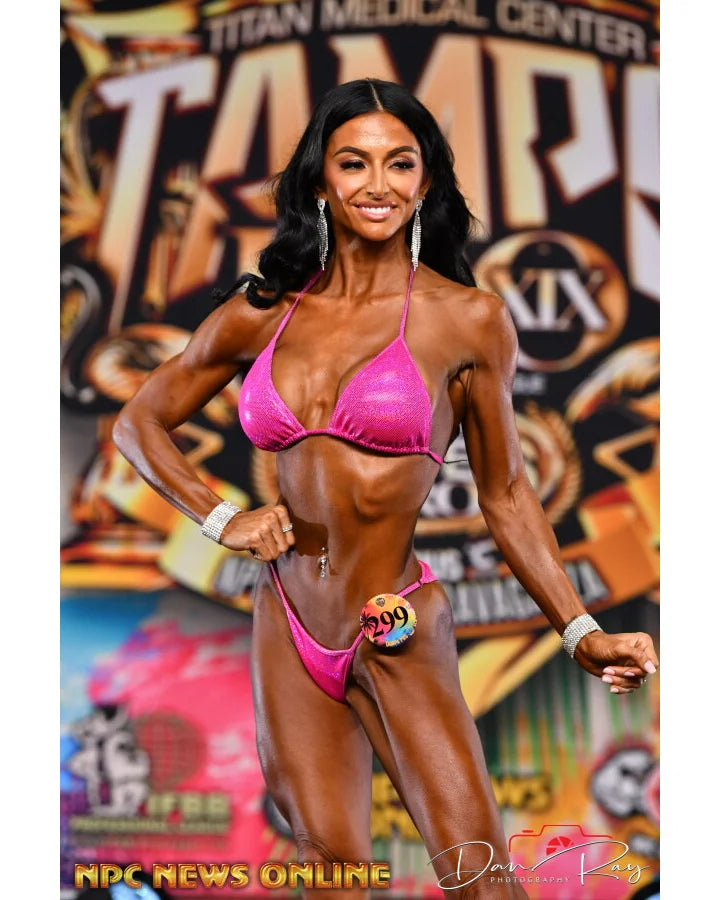 Fit Model Bikini, Hot Pink Shatterglass fabric, front pose, IFBB Pro Melanie.