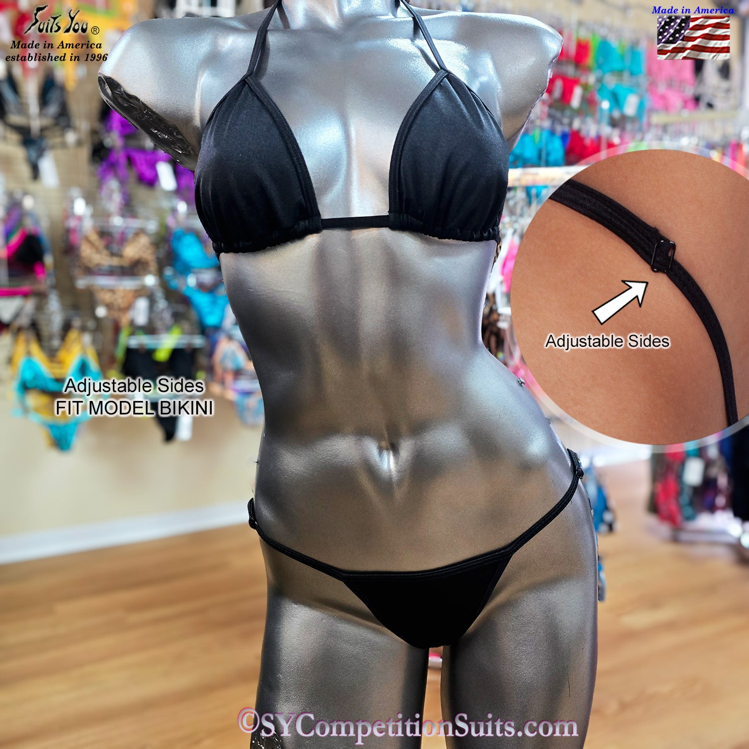 Quick Ship Fit Model Posing Bikini, Plain Black Fabric. In-stock and ready to ship.