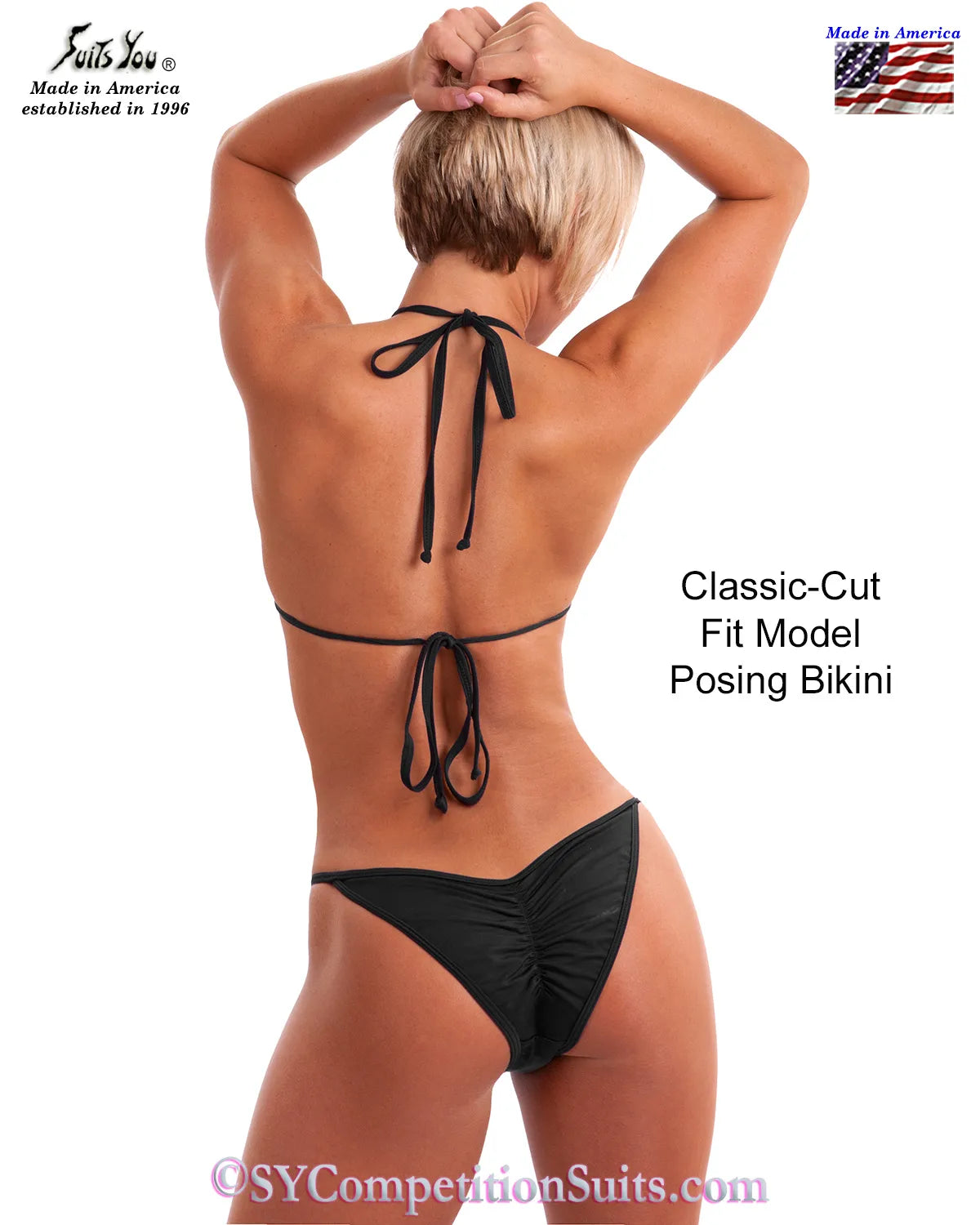 Solid Lycra Fit Model Posing Suit back view — black Lycra, adjustable sides for NPC and IFBB competitors