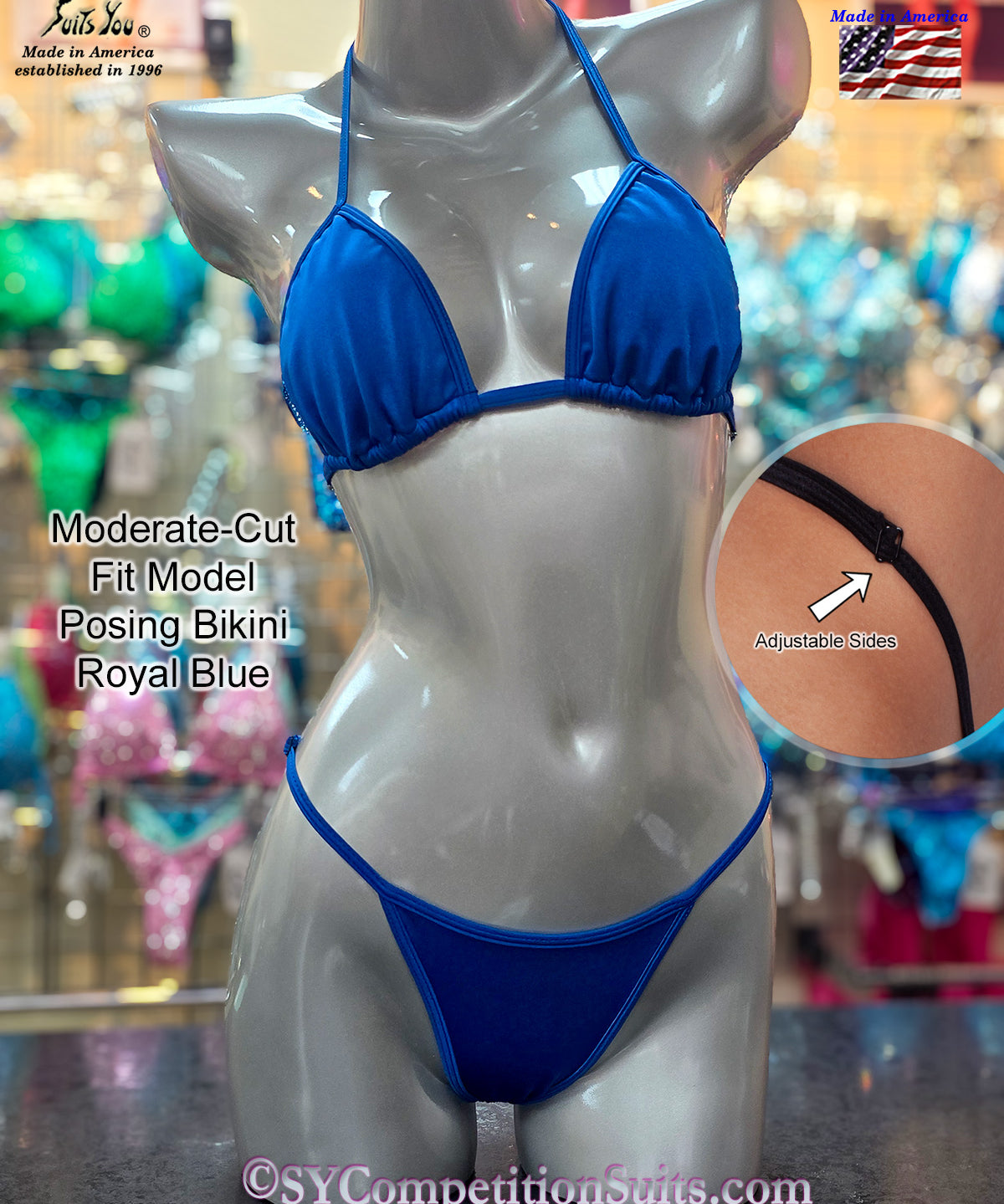 Royal blue solid Lycra Fit Model posing suit moderate cut for NPC and IFBB prep