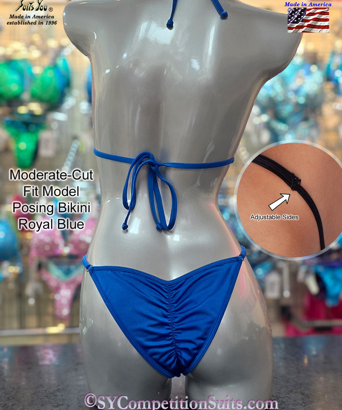 Royal blue Fit Model practice bikini back view showing 50% glute coverage