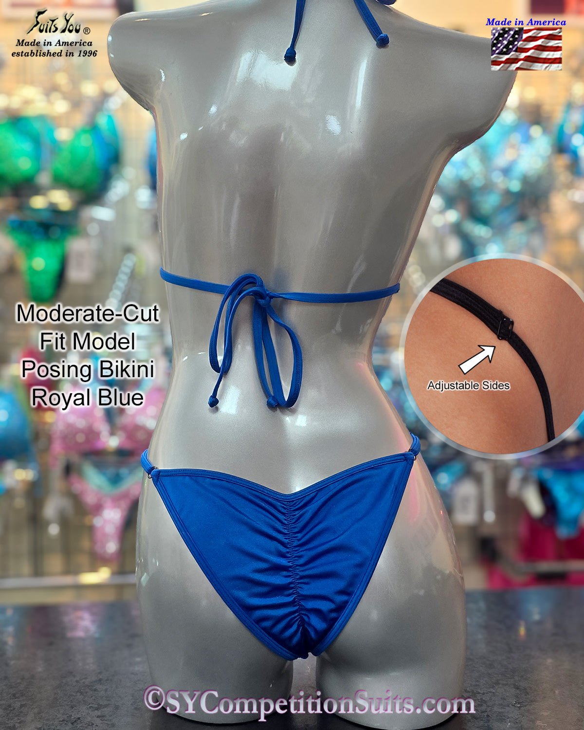 Royal blue Fit Model practice bikini back view showing 50% glute coverage