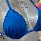 Adjustable slide sides and top construction on royal blue moderate cut Fit Model posing suit