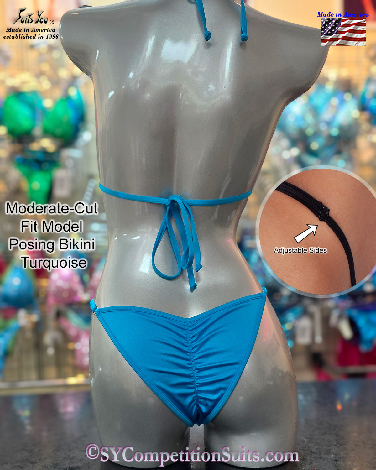 Turquoise solid Lycra Fit Model posing practice bikini.